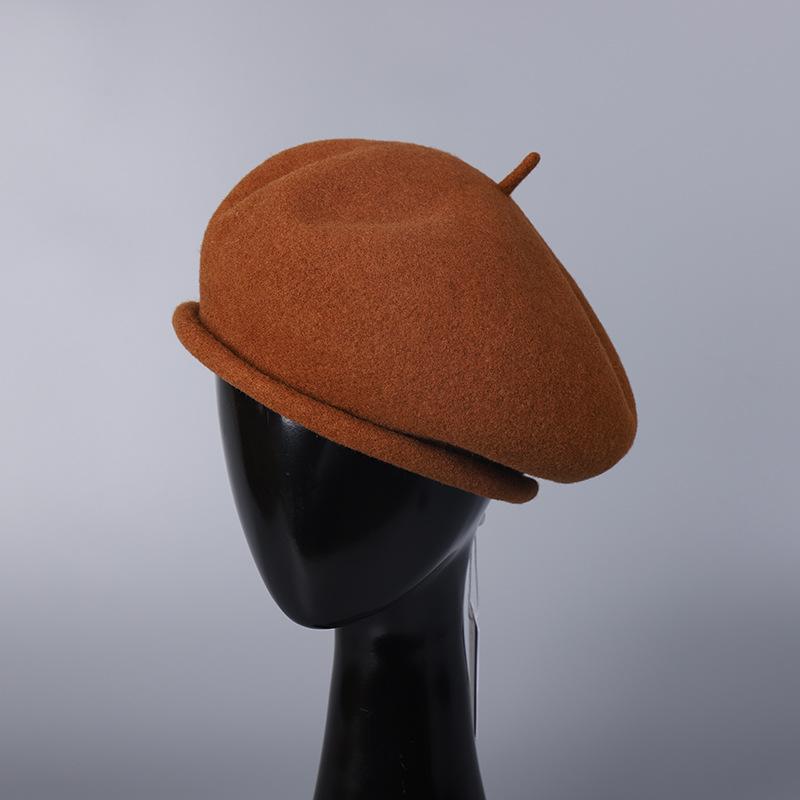 Winter Warm High Quality Australian Wool Roll Edge Beret Cap Women'S Winter Elegant Dome Solid Color Wool Painter Hat