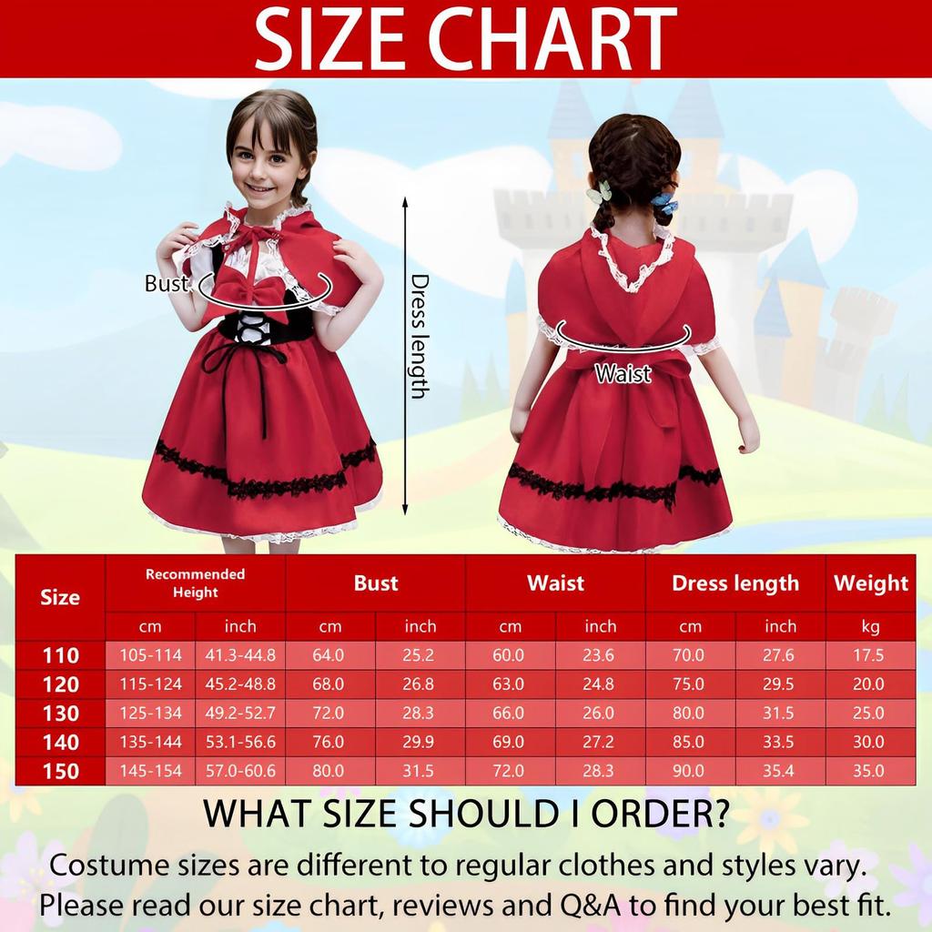 Angenster Halloween Little Red Riding Hood Costume for Set and Pumpkin Size Cute and Perfect for Commemorative Dance and Girls, 3-Piece (Dress, Cape,