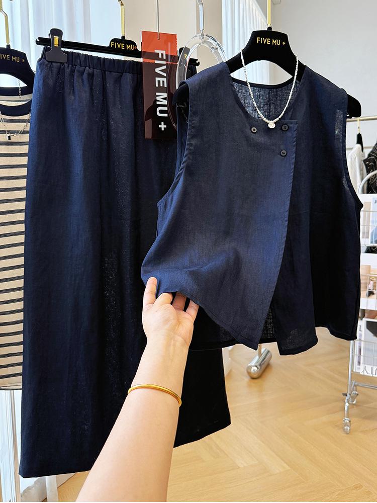 Women's Unique Pure Linen Summer Outfit - Skirt and Vest Set