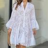 Summer Casual Solid Lace Dress Women Elegant V-neck Loose Hollow Embroidery Dress Women Vintage Beach Sexy Mini Dresses 27725
