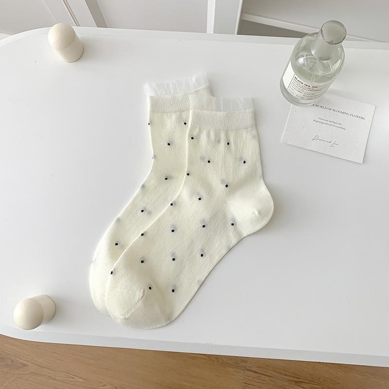

Женские весенне-летние тонкие милые носки-трубы в горошек с кружевом 1 pair молочный белый