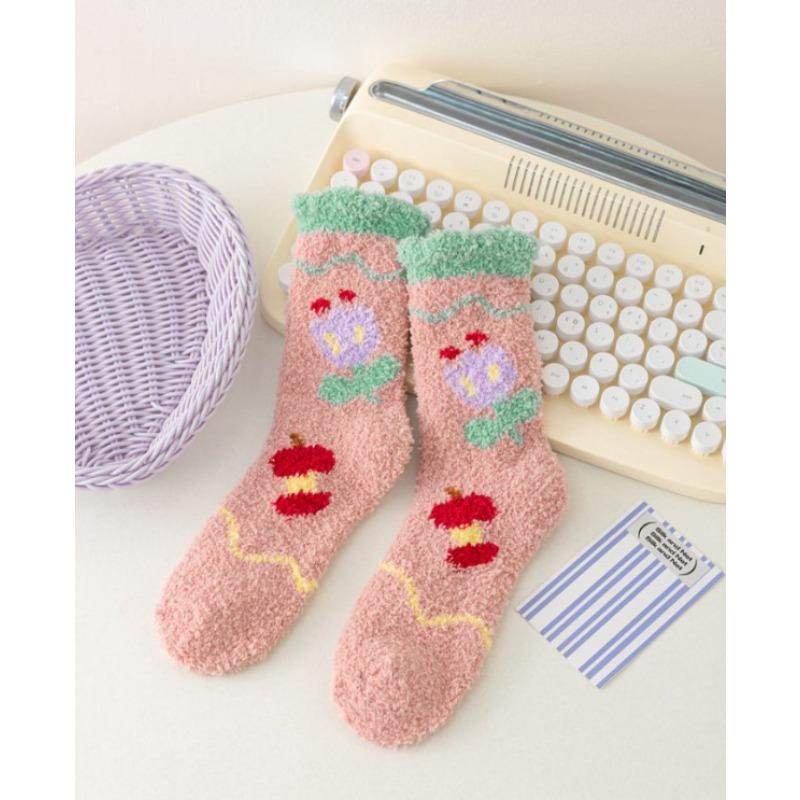 Autumn and Winter Coral Fleece Socks, Women's Small Flower Fruit Thickened Warm Socks, Women's Home Floor Socks, Postpartum Mid-calf Socks