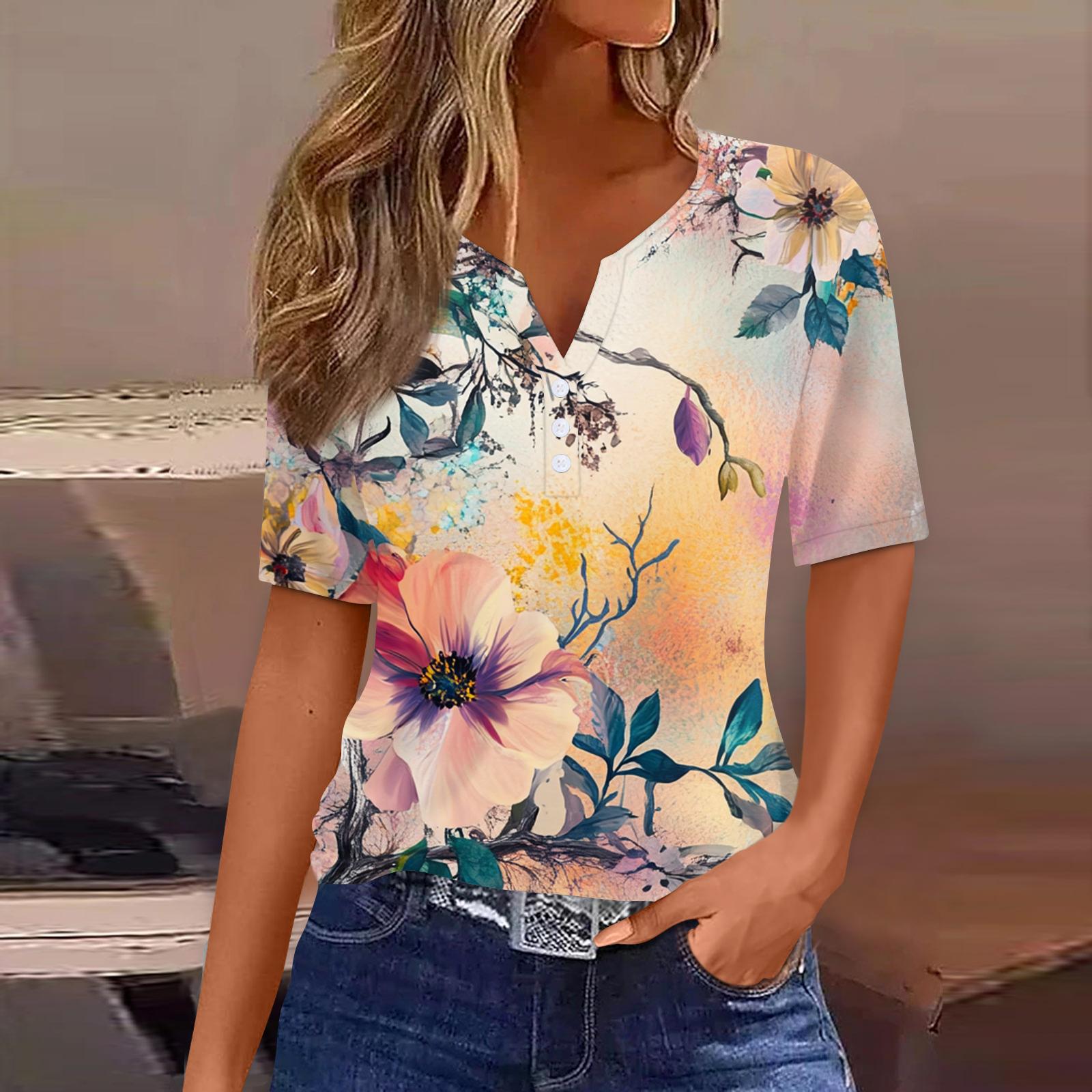 

Жіноча футболка з принтом і ґудзиками, з коротким рукавом, щоденна мода на вихідні, звичайний топ із V-подібним вирізом XL жовтий