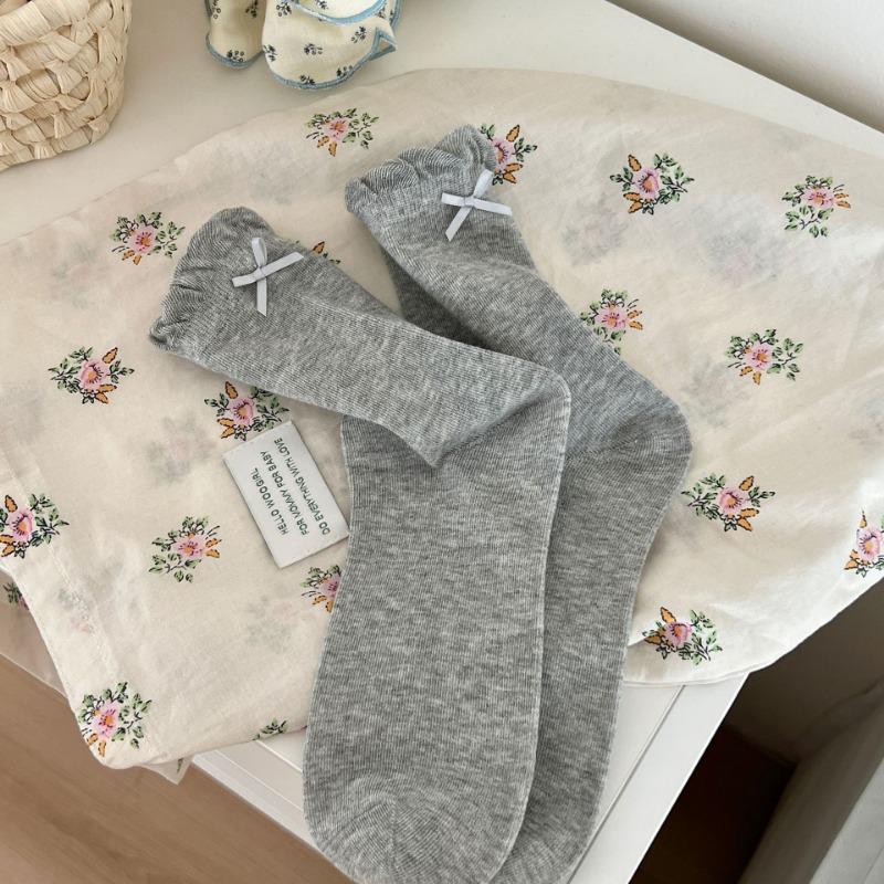 

Милая девочка, простые черные махровые носки с отделкой ушками, однотонный вязаный бант, тонкие и дышащие носки до середины икры 1 pair серый