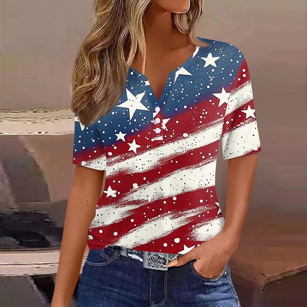 Women's T Shirt Tee Independence Day Printed Button Short Sleeve Tunic Daily Weekend Fashion Basic V- Neck Regular Top
