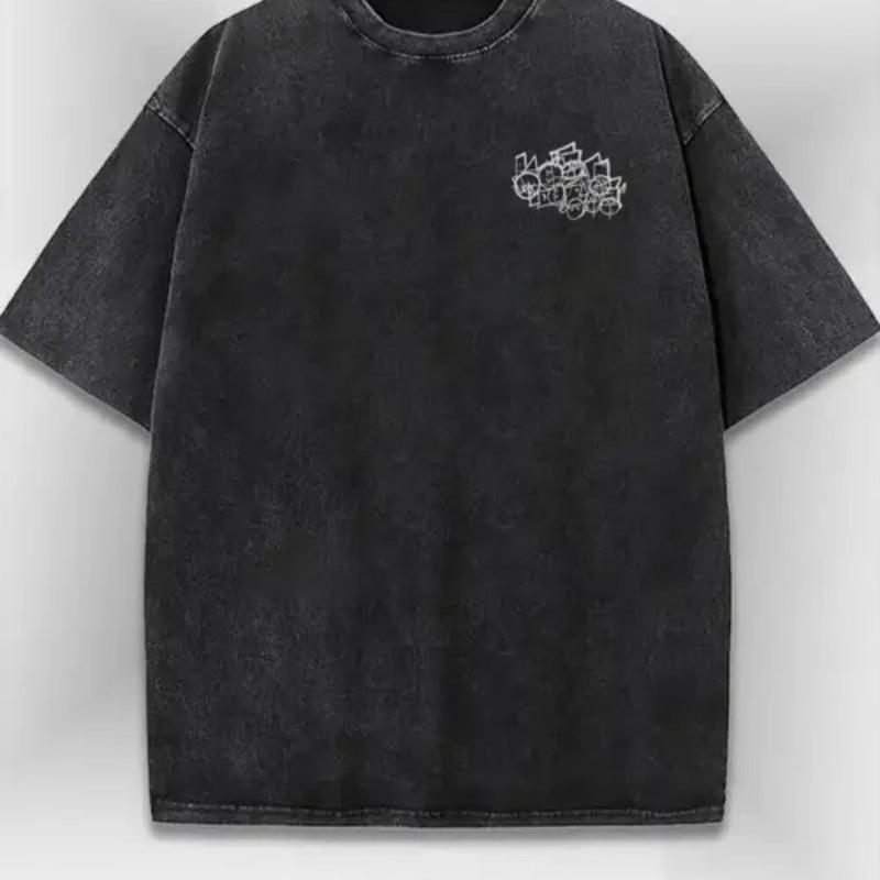 Europäische Größe Herren Vintage Gewaschenes T-Shirt | Atmungsaktives Lockeres Retro Geometrisches Faust-Print-Tee für Lässige Streetwear, Partys und Ganzjahreskomfort