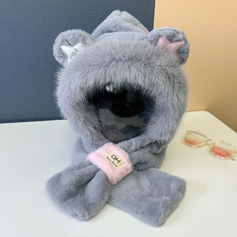 

Вышитая шапка-шарф с медведем, интегрированная, милая школьница, теплая зимняя плюшевая шапка-шарф, защита ушей M（56-58cm） серый