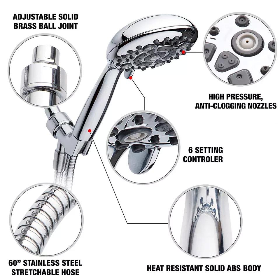 6 Functions High Pressure Chrome Water Saving Shower Mist Spray Bath Handheld Shower Head with Bracket and Hose for Bathroom
