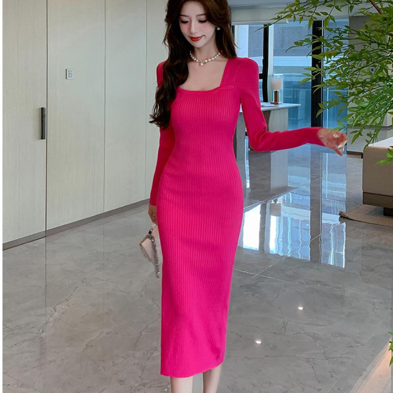 Spring Square Neck Knitted Sexy Dress Women Fashion Autumn Slim Fit Base Women's Sweater Dresses Elegant Long Sleeve Solid Winter Casual Dress 25955