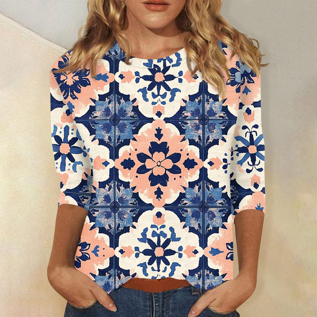 Women's Fashion Casual Three-quarter Sleeve Vintage Floral Print Round Neck Top