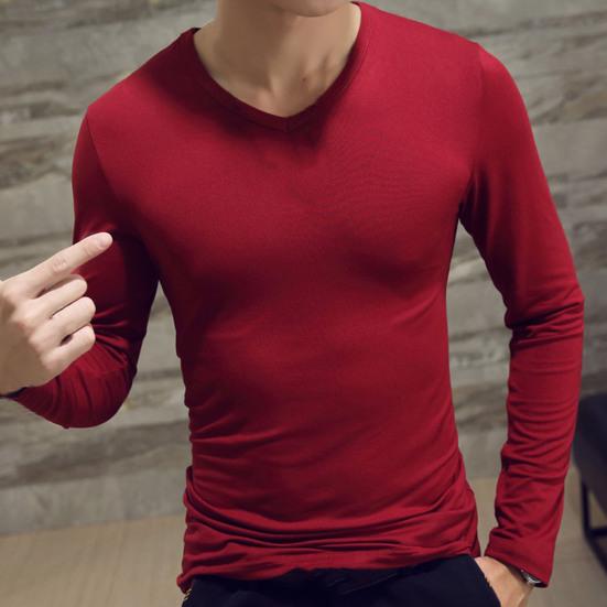 Men Shirt Solid Color Pullover Casual V Neck Long Sleeve Slim Autumn Base Shirt for Daily Wear