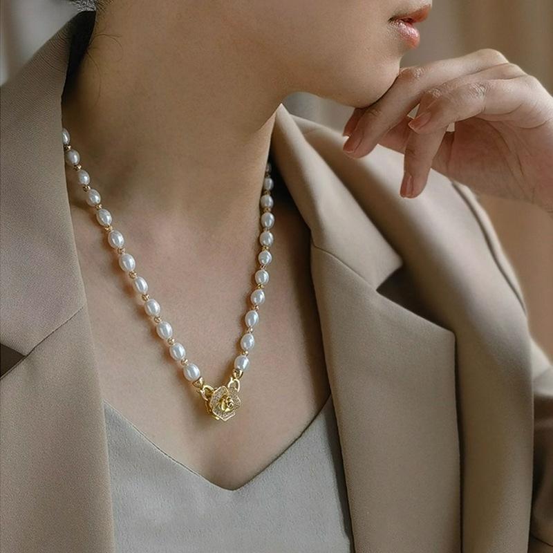 

Trendy Camellia Flower Natural Freshwater Pearl 14K Gold Filled Female Pendant Necklace Jewelry For Women Chain Gift 45CM