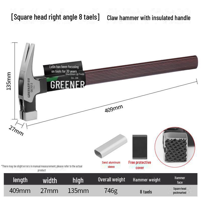 Green Forest Magnetic Claw Hammer with Insulated Wooden Handle for Woodworking and Household Use