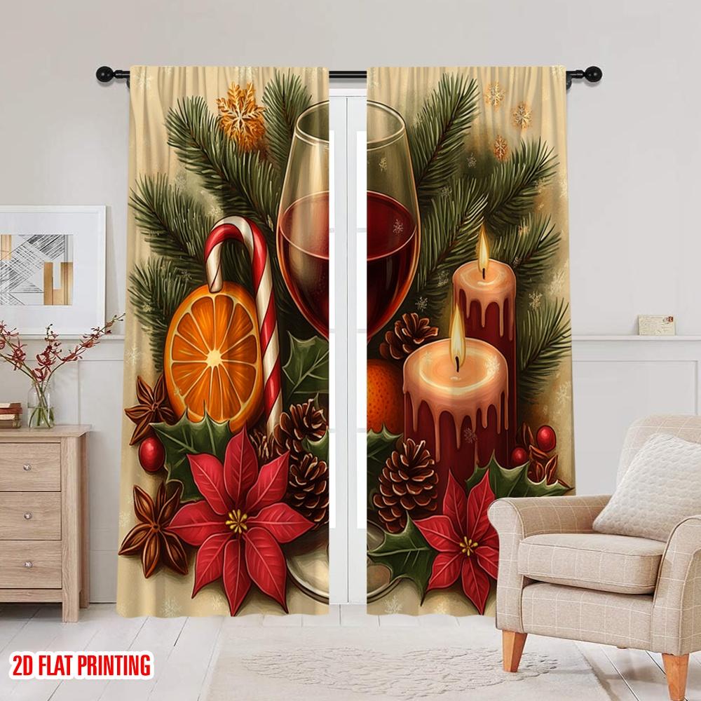 2pcs,2D Plane Printing Curtains Christmas Cozy Wine Pinecone Poinsettia (2) Polyester Easy Install (without Rod) All Seasons