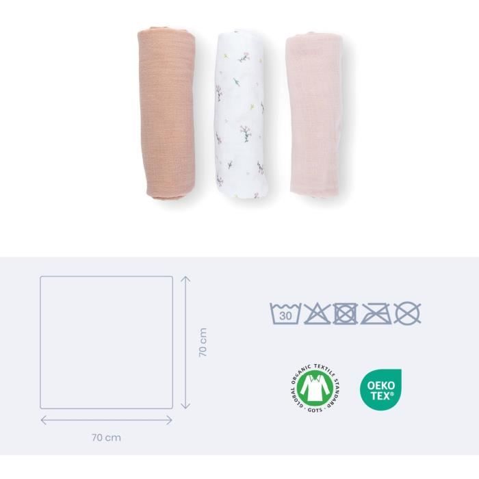 Lot de 3 langes - DOOMOO - Gaze de coton biologique - Certifié Oeko-Tex - Rose