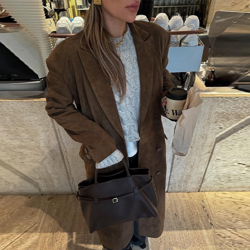 Wildleder Reversmantel Damen Winddicht und Warm Gerader Röhrenmantel Elegant Britischer Stil Pendler Oberbekleidung Herbst/Winter 2025