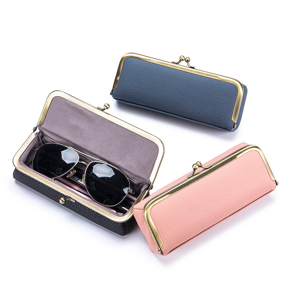 Genuine Leather Glasses Case Fashion Pencil Bag with Kiss Lock Brand Coin Purse Women Travel Sunglasses Box Eyebrow Pencil Box