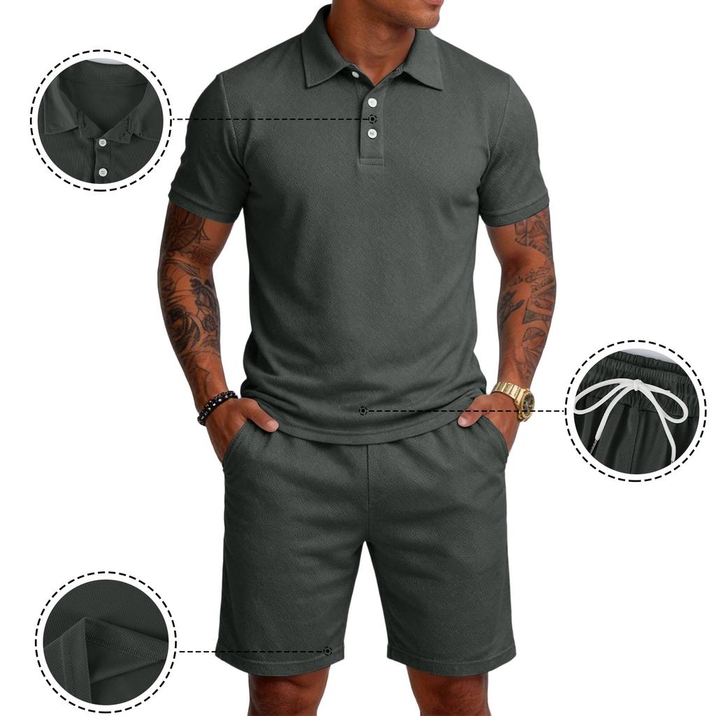Men Short Sleeve Polo Shirt and Shorts Set Casual Two Piece Outfits Button Down Collar Top and Elastic Waist Bottoms for Daily Wear