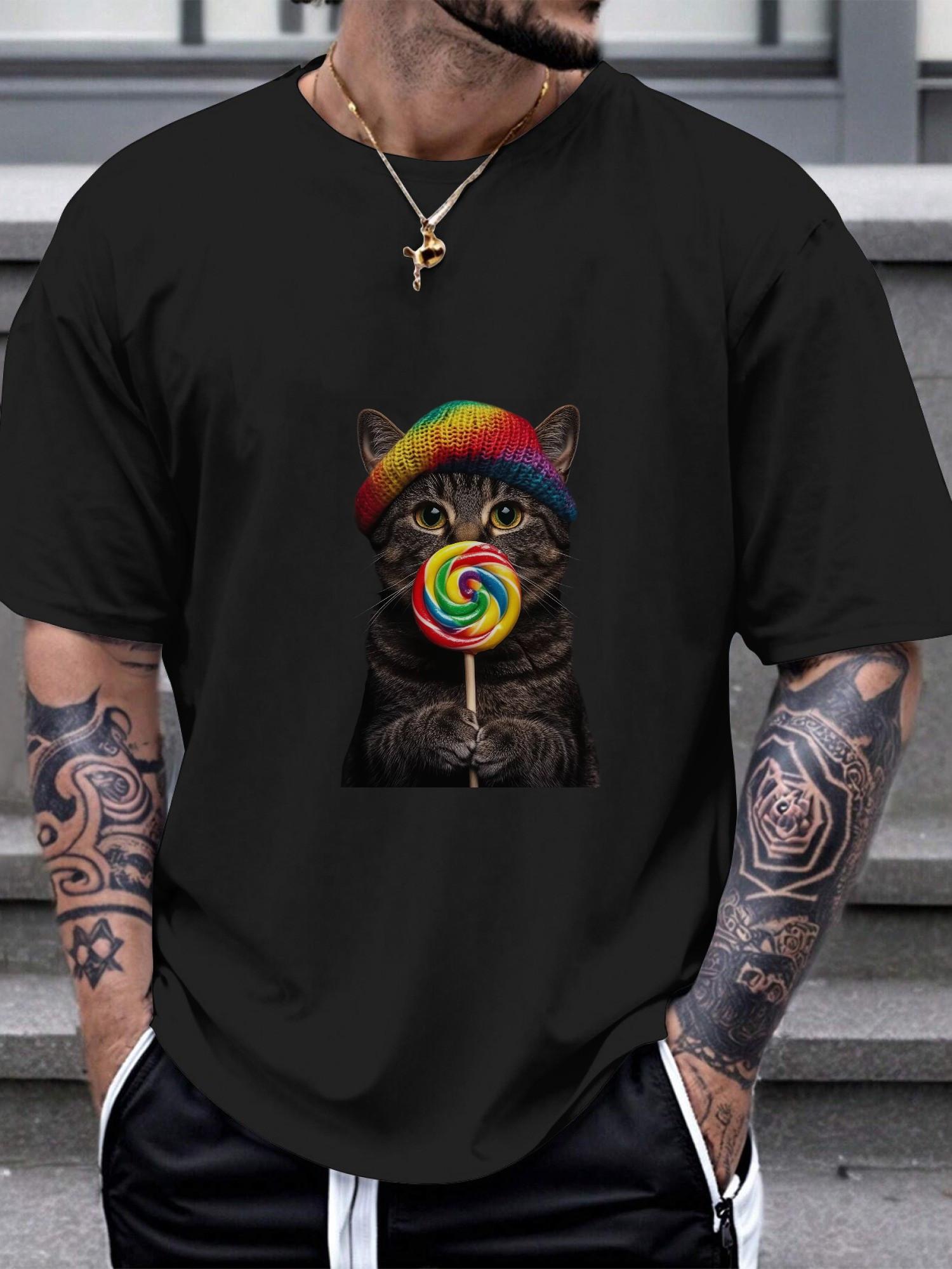 1pc Tabby Cat Colorful Propeller Hat Rainbow Swirl Lollipop Black Background T-shirt S