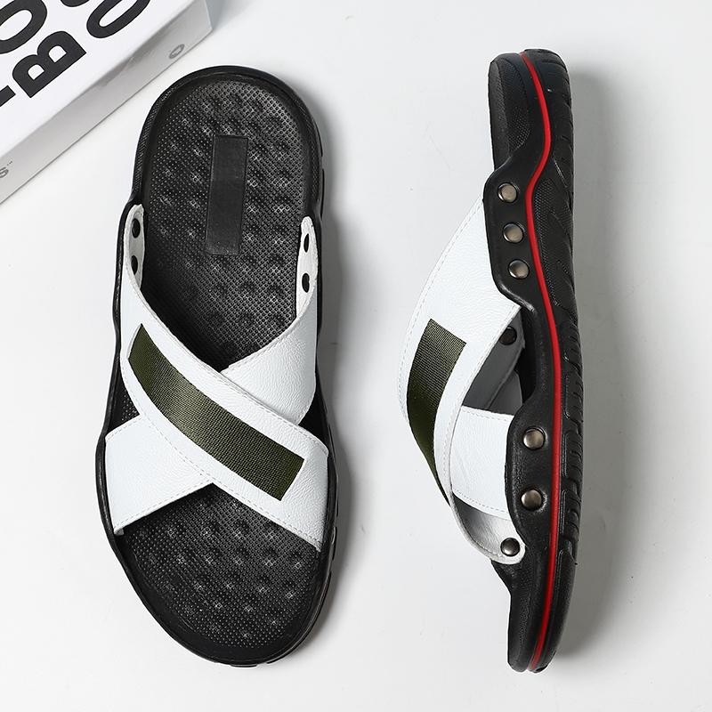 Men Sandals Black White Leather Slippers Outdoor Roman Gladiator Sandals Summer Open Toe Beach Shoes