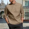 Men's Casual  3/4-Sleeve Shirt - Stand Collar Loose-Fit Breathable Solid Color With Pocket