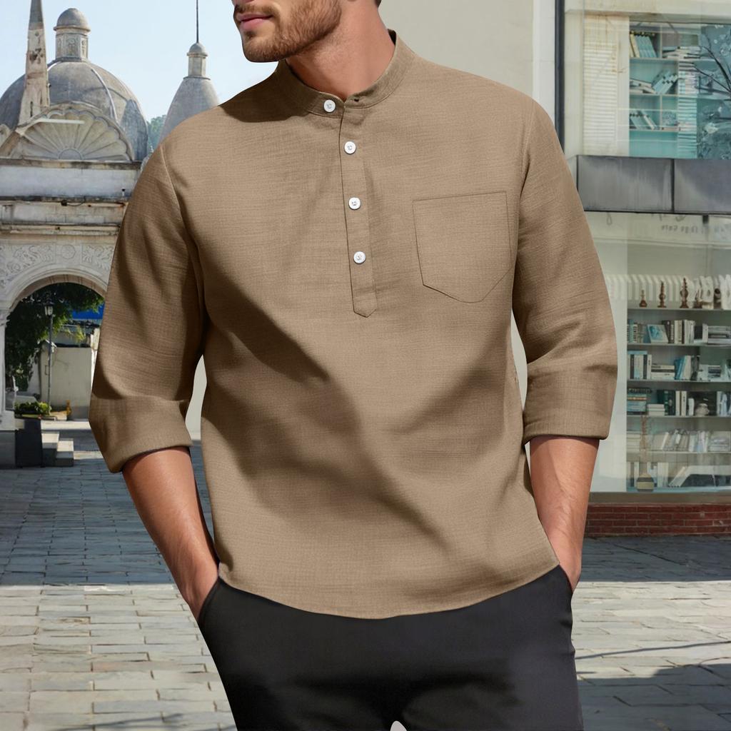 Men's Casual  3/4-Sleeve Shirt - Stand Collar Loose-Fit Breathable Solid Color With Pocket