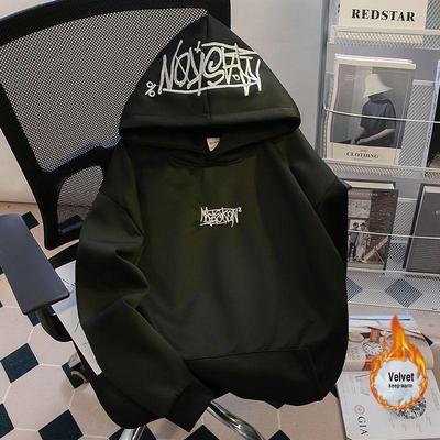 Men's American Style Heavyweight Embroidered Hoodie with Velvet Lining - Unisex Autumn/Winter Casual Loose Fit