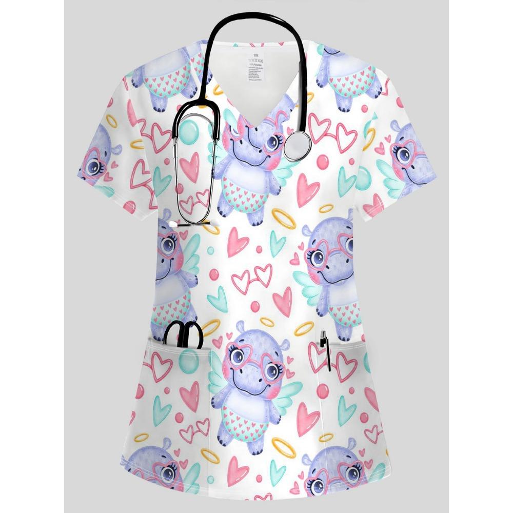 Casacca Medica da Donna Elegante Scollo a V Carini Motivi Animali Cartoni Animati Maniche Corte Comode con Tasche Casacca Donna