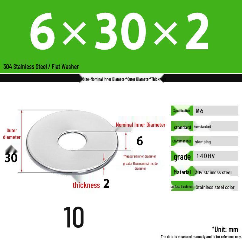 304 Stainless Steel Thickened Flat Washer Set, Sizes 2-36