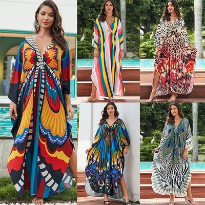 Plus Size Print Bikini Cover-Up: Loose Long Robe with Sun Protection for European & American Beachwear