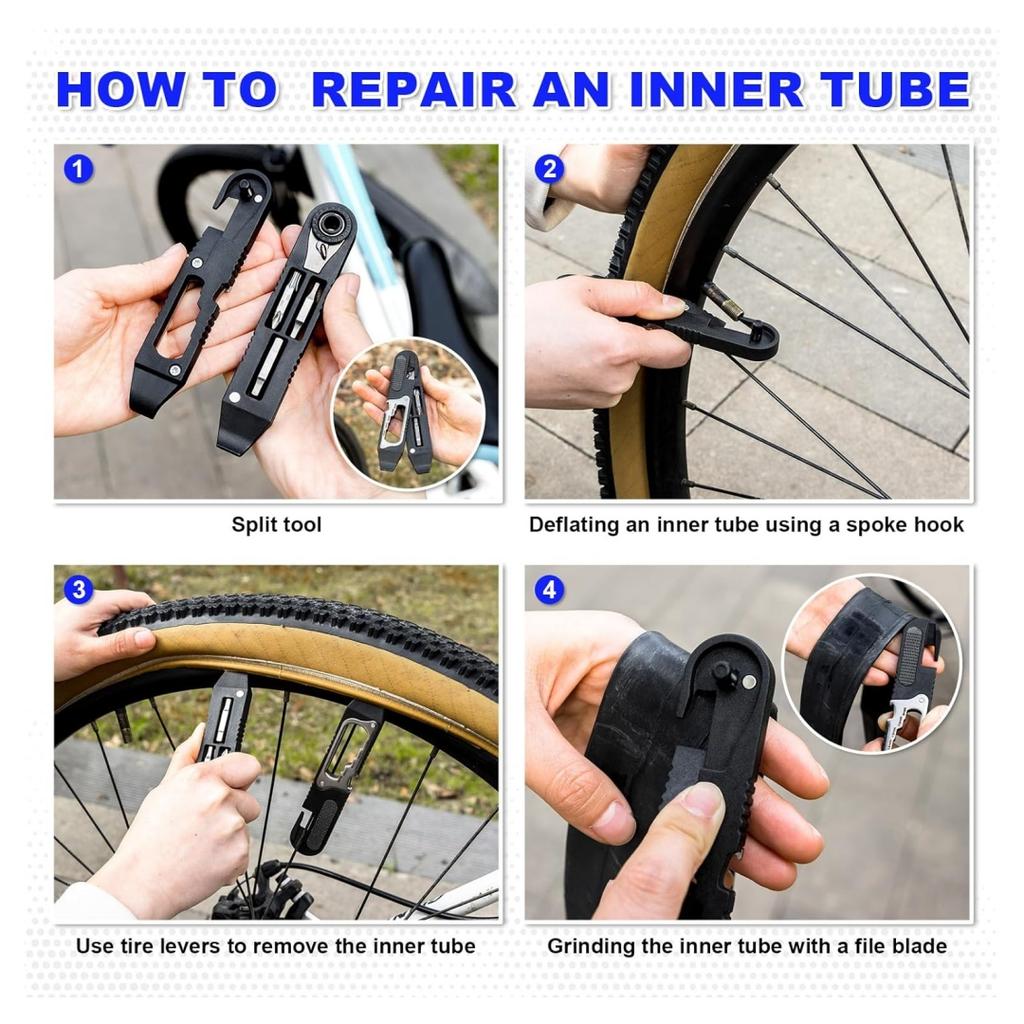 Fahrradreifenheber-Set - 14-IN-1 Tragbares Fahrrad-Multitool mit Mini-Ratschenschlüssel, Fahrradreifenhebern, Konusschlüsseln & Feilenklinge für MTB, Rennrad