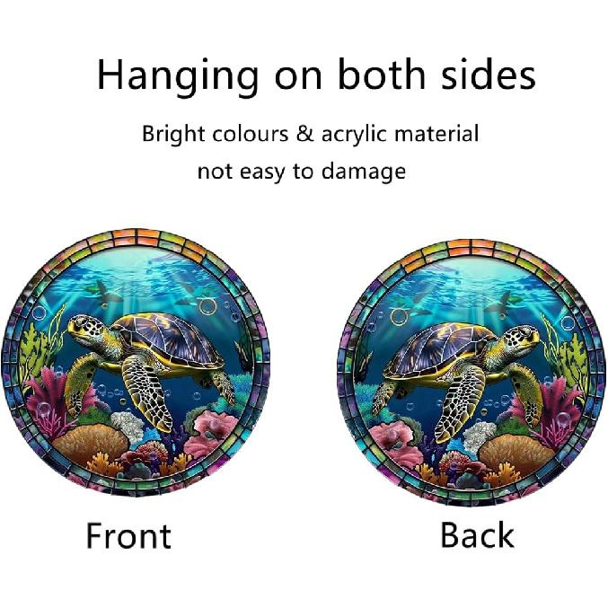 Sea Turtles Stained Window Hanging, 11.81 in Large Acrylic Suncatcher Window Panel Double-Sided Marine Animals Wall Decor for Cafe Home, Gift for