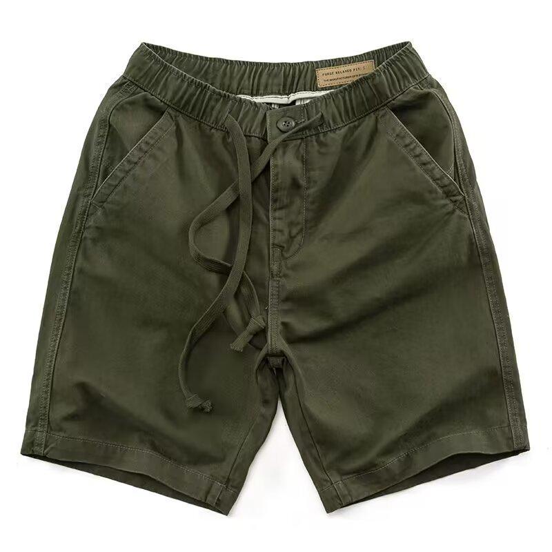 American Retro Khaki Cargo Shorts - Mid-Length, Elastic Waist, Casual Drawstring, Trendy Men's Summer Pants