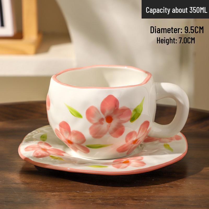 Ins Style Hand-Painted Retro Floral Irregular Coffee Cup and Saucer