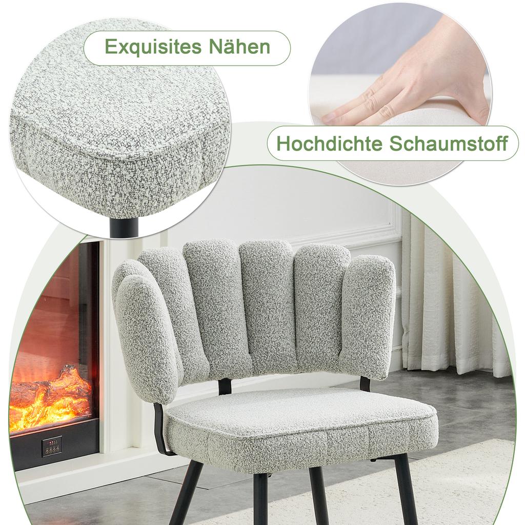 Tisch- und Stuhlset. Runder Esstisch 107 cm in Nussbaumoptik, doppelte Stauraumfunktion + 2 cremefarbene graue Stoffstühle mit blumenförmiger Rückenlehne aus Bouclé.