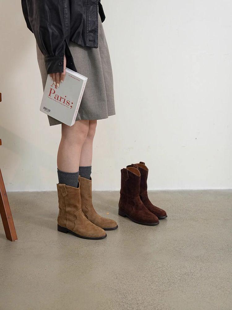 Frosted western cowboy boots medium boots 2025 autumn and winter new French Maillard retro brown low-heeled short boots women