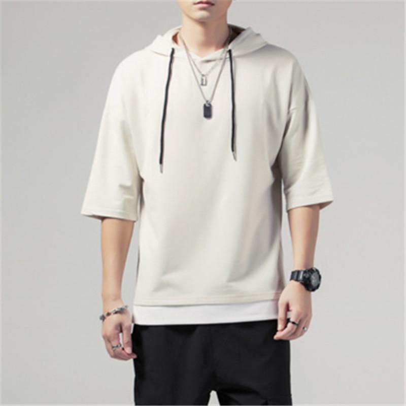 Summer Hooded T-Shirts Men Solid Short Sleeve Loose Streetwear Tees Male Vintage Casual Sports Tshirt Hooded Neck Tops Plus Size