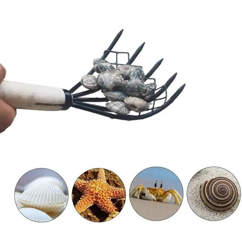 1PC Sturdy Compact Claw Rake with Mesh Net 5-Tine Clamming Claws Long Handled for Shell Clam Digger 15 Inch Hand Rake