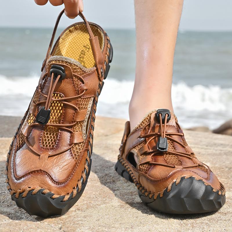Men Outdoor Hiking Sandals Handmade Summer Beige Roman Sandals Retro Wide Close Toe Grey Beach Water Shoes Plus Size