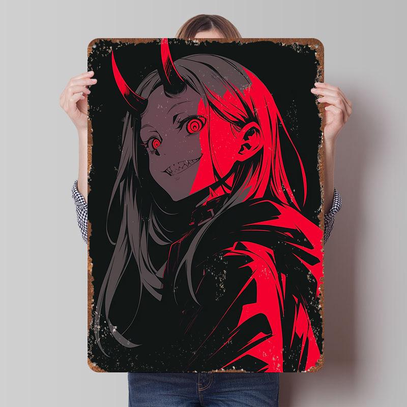 Anime Girl With Horns and Red Eyes Metal Poster Customized Wall Art Retro Vintage Tinplate Signs for Setup Decorations Man Cave