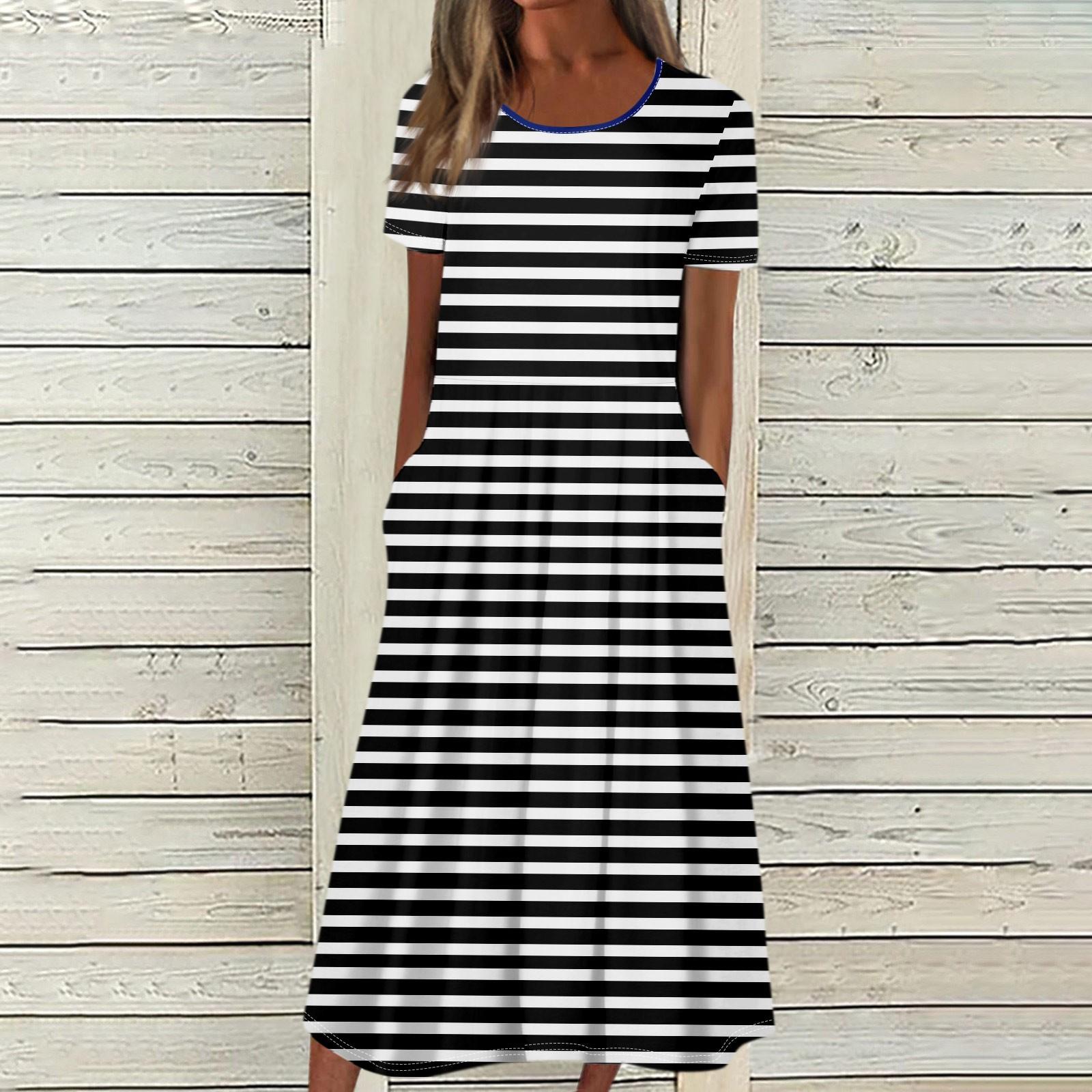 Женское летнее повседневное модное платье с коротким рукавом и карманом с круглым вырезом — фото 6