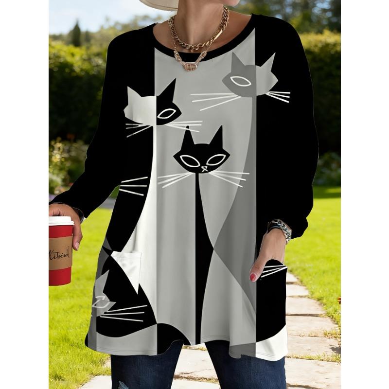 Women's Long Sleeve Cat Print Loose T-Shirt with Pockets