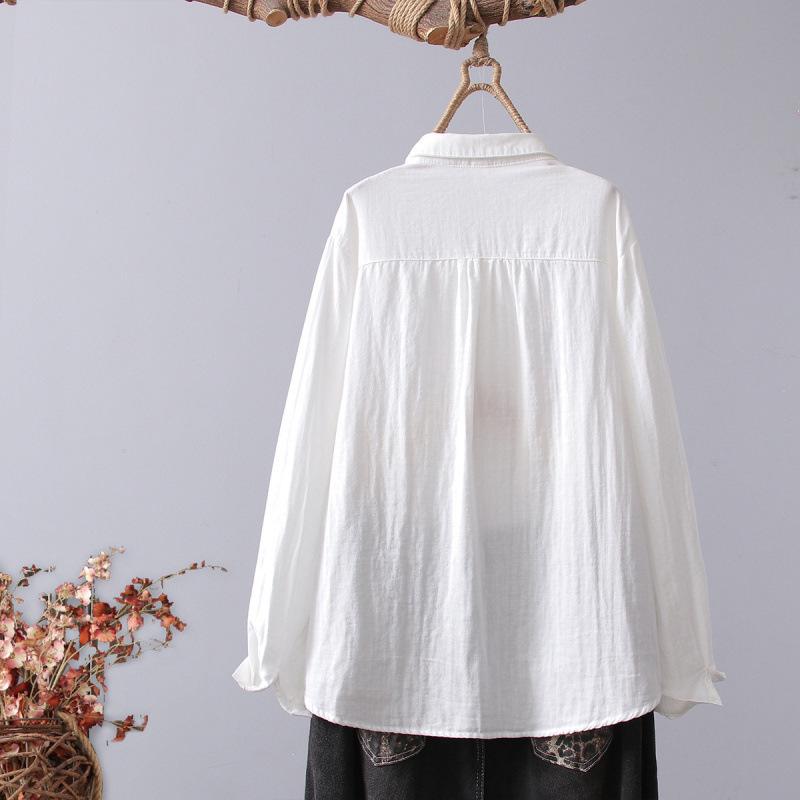 2026 Women's Floral Embroidery White Cotton Long-Sleeve Slimming Shirt