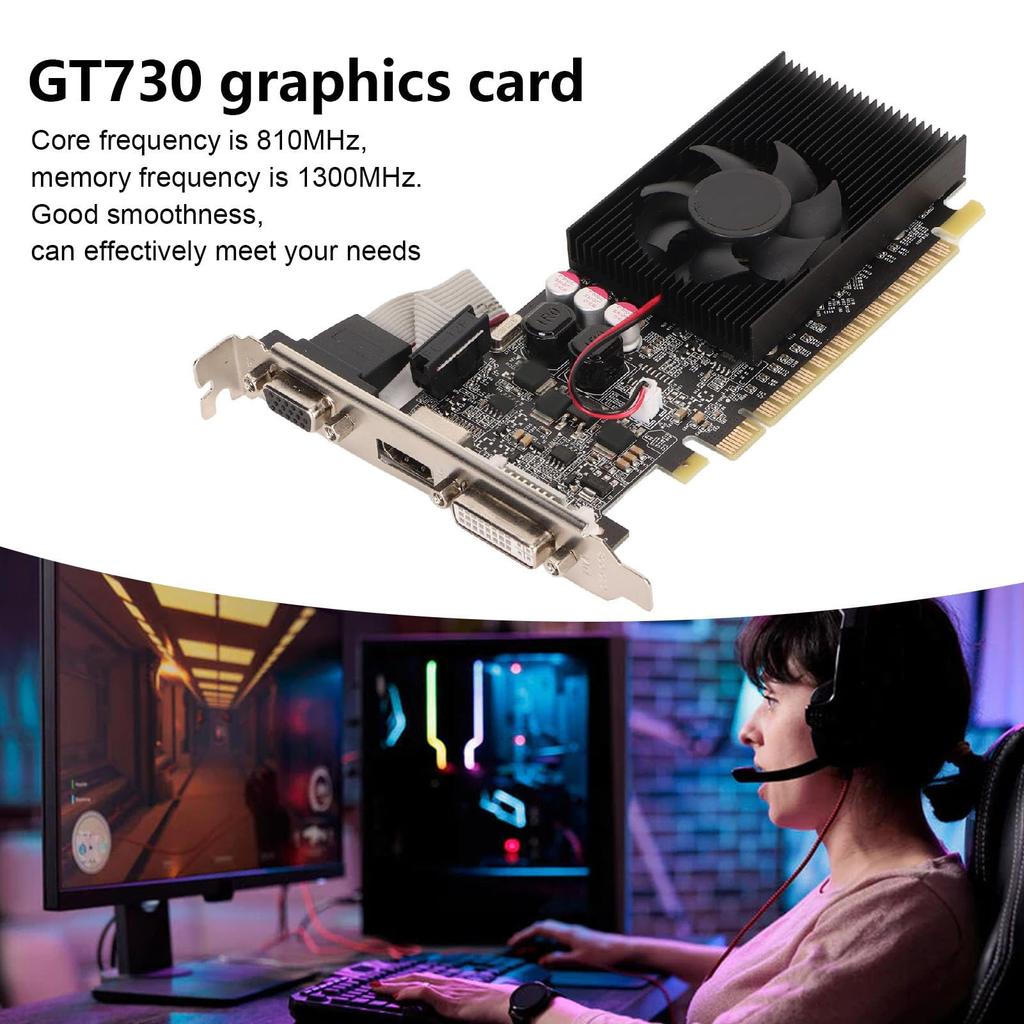GT730 2GB GDDR3 64-bit Graphics Card, PCI Express 2.0 16X Slot, DirectX 11, DVI I, VGA, HD Multimedia Interface, 2560x1600 Video Card for PC Gaming