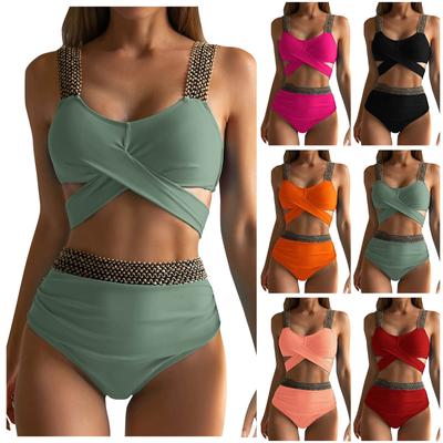 Women's Swimsuit Split Bikini Cross High Waist Swimsuit Cover Belly Split Bikini Swimsuit
