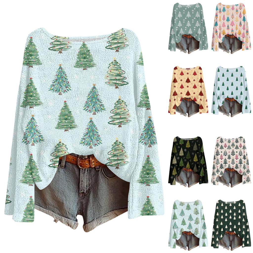 Women's Fashionable Oversized Knitwear Long-Sleeved Christmas Print Top