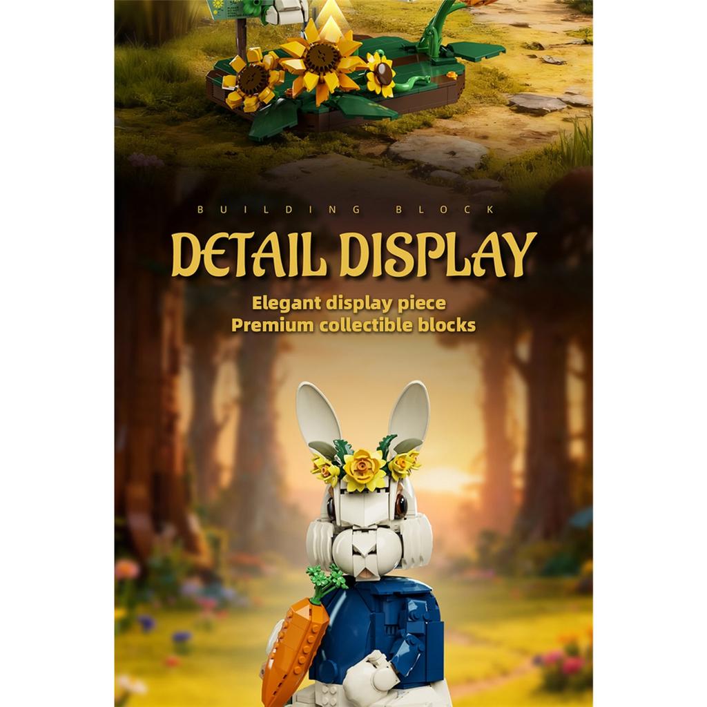 Creative architectural building blocks, pastoral style rabbit, 1258 pieces, animal models, home decoration, rural flowers, rabbit, assembly toys