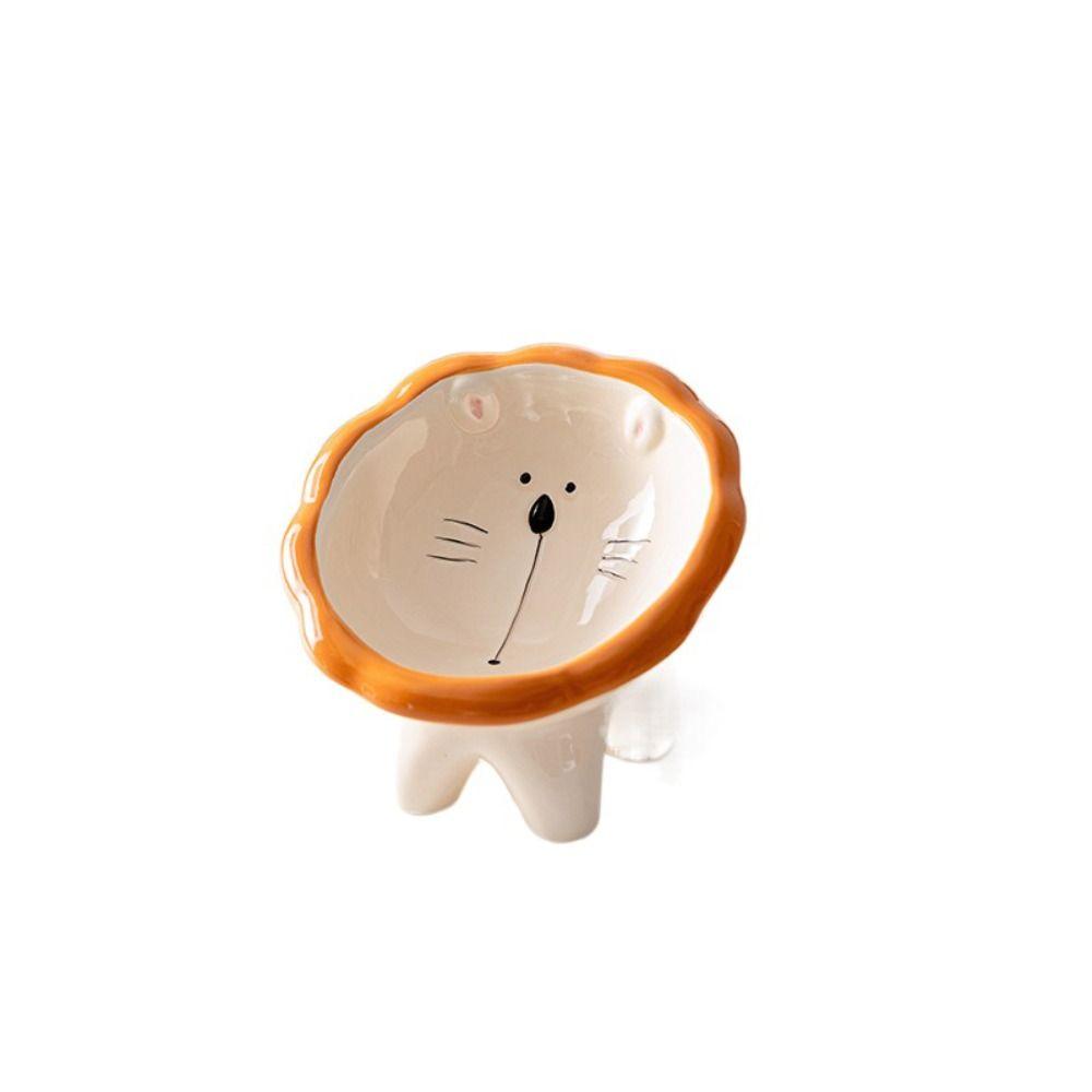 

Cute Cat Bowl Ceramic Dog Food Feeding Basin Pet Supplies Pet High Foot Bowl Water Container orange-Lion