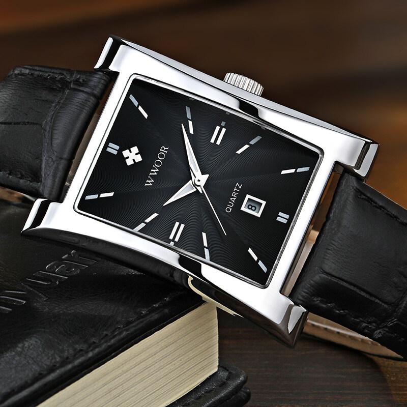 WWOOR Classic Fashion Mens Rectangle Watches Male Gold Brown Leather Quartz Waterproof Wrist Watch