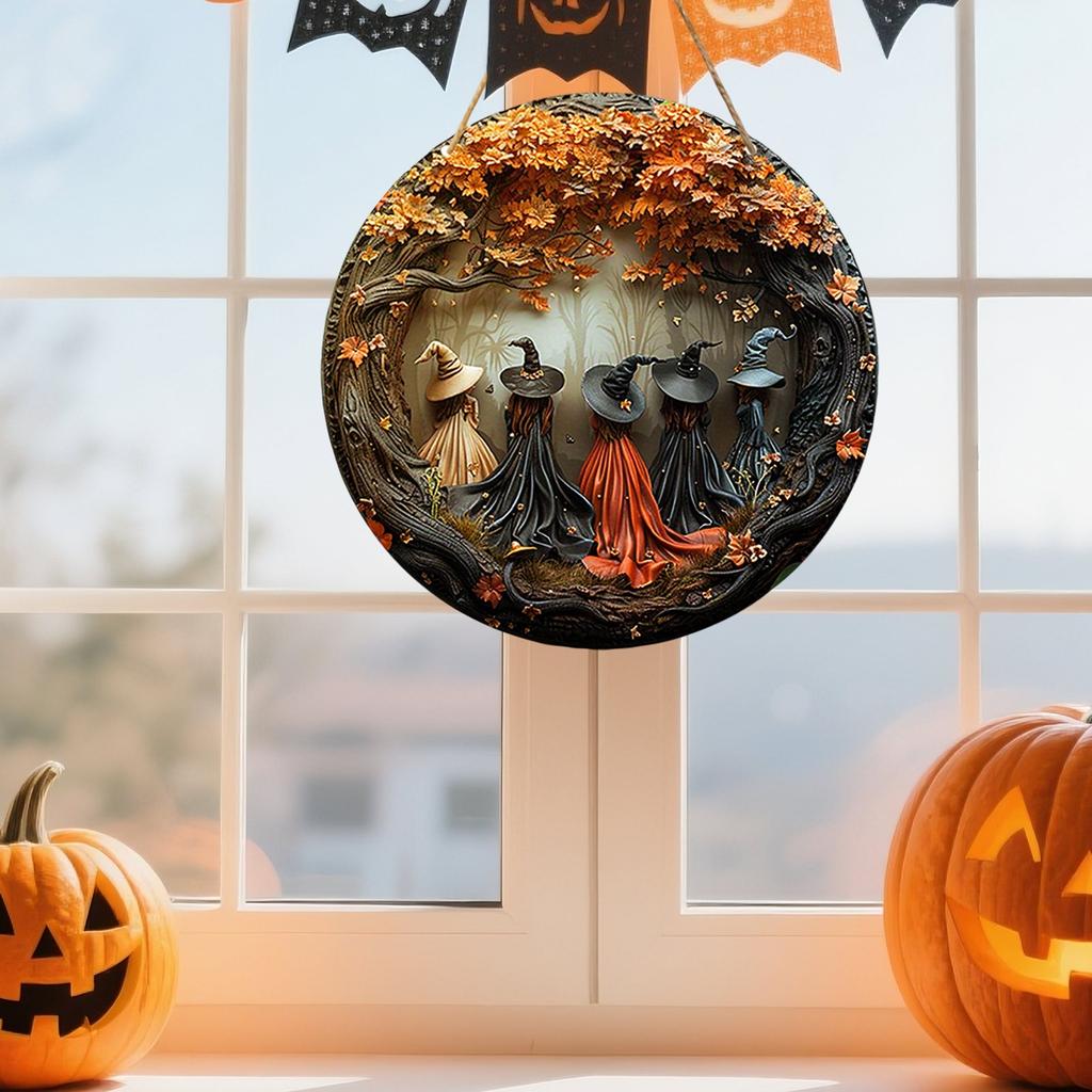 Halloween Wooden Witch Hanger Decoration, 5 Witches Exquisite Round Hanging Pendant For Porch, Wall